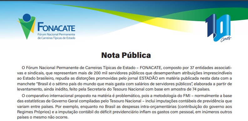 Fonacate rebate matéria do Estadão sobre gastos de pessoal no Brasil